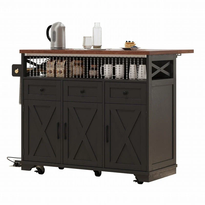 Farmhouse 46.5 Kitchen Island with Power Outlet, Rolling Kitchen Cart on Wheels with Drop Leaf