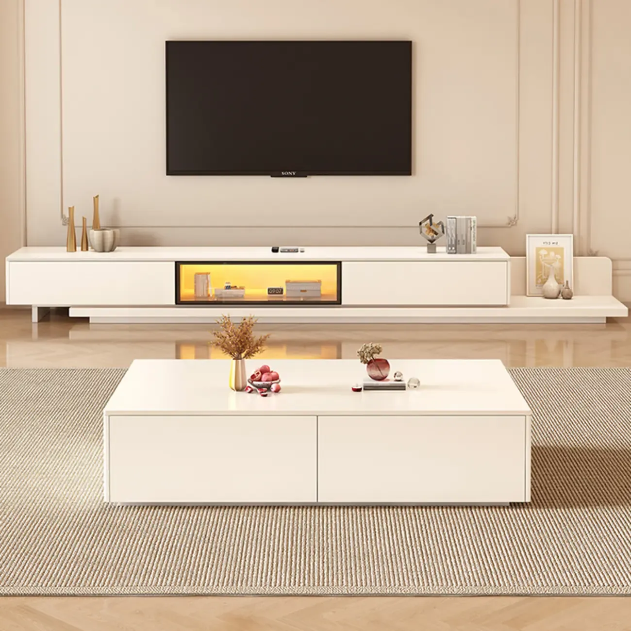 Modern Wooden TV Stand with Shelves and Drawers