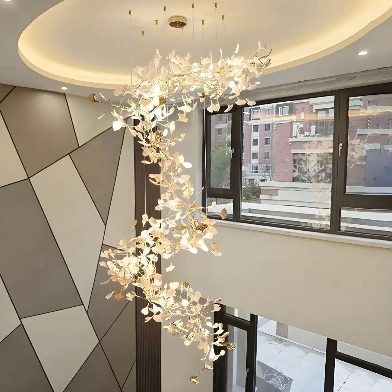 Elegant Leaf Shape Ceramics Golden Spiral Stairwell Chandelier