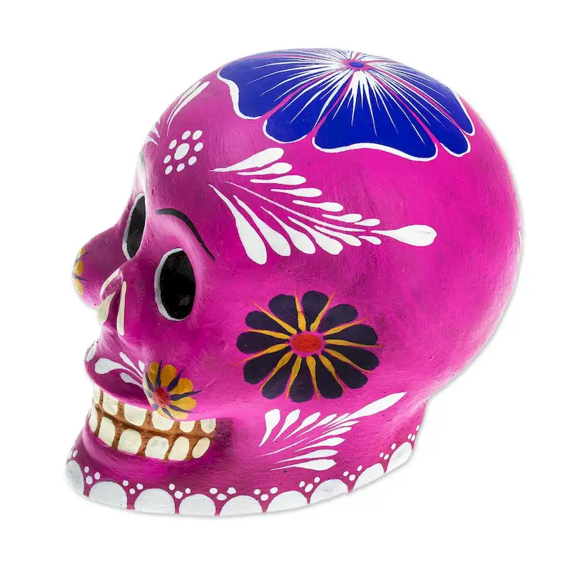 Novica Handmade Fuchsia Skull With Flowers Ceramic Figurine