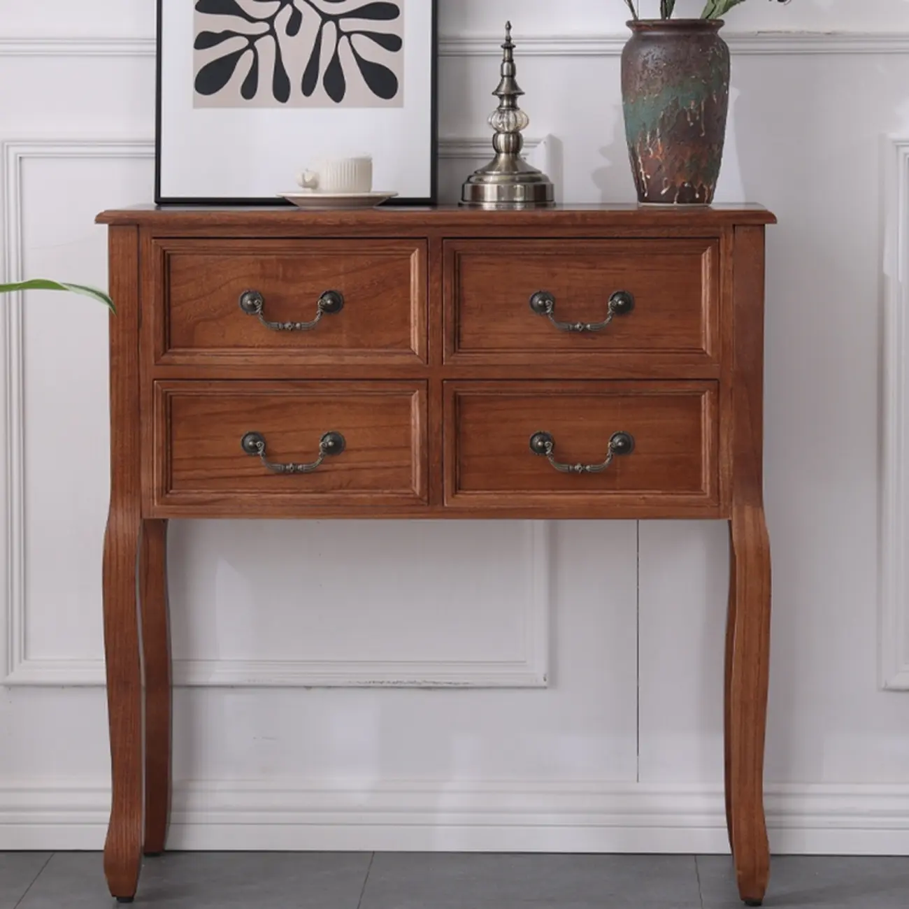 Rectangular Dark Walnut Console Table with Drawers
