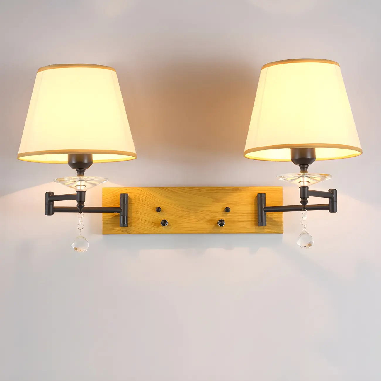 2-Light Silver Swing Arm Fabric Shade Wall Light