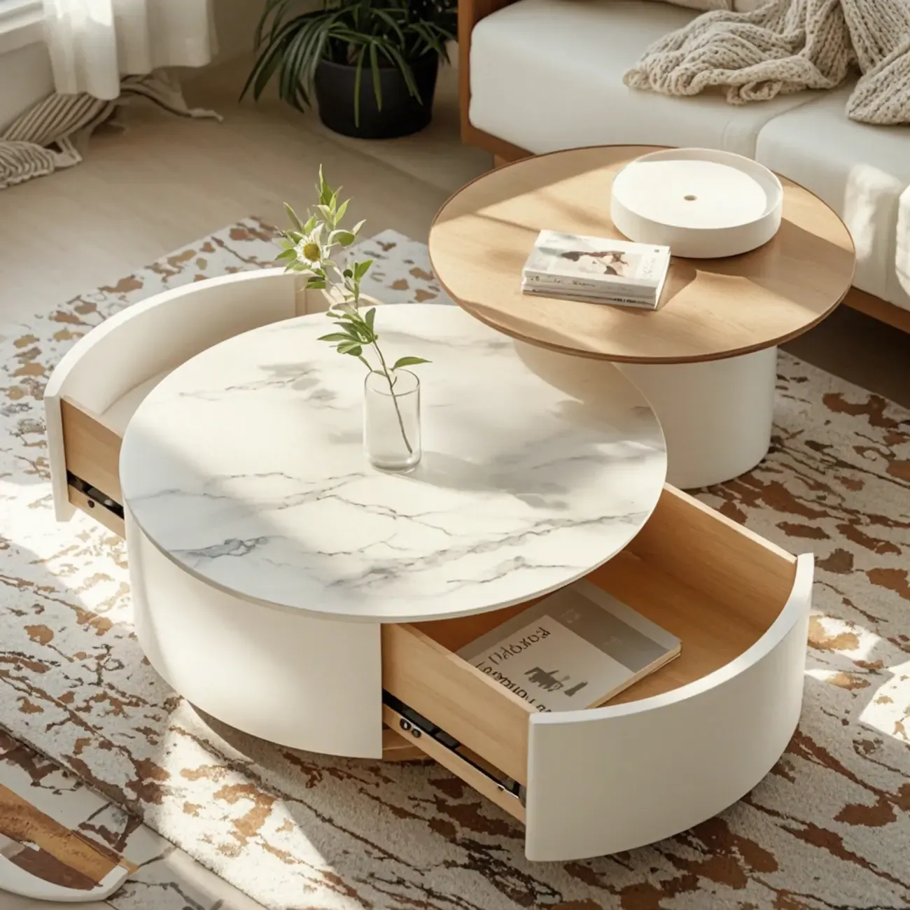 White Modern Round Drum Wood Drawer Coffee Table