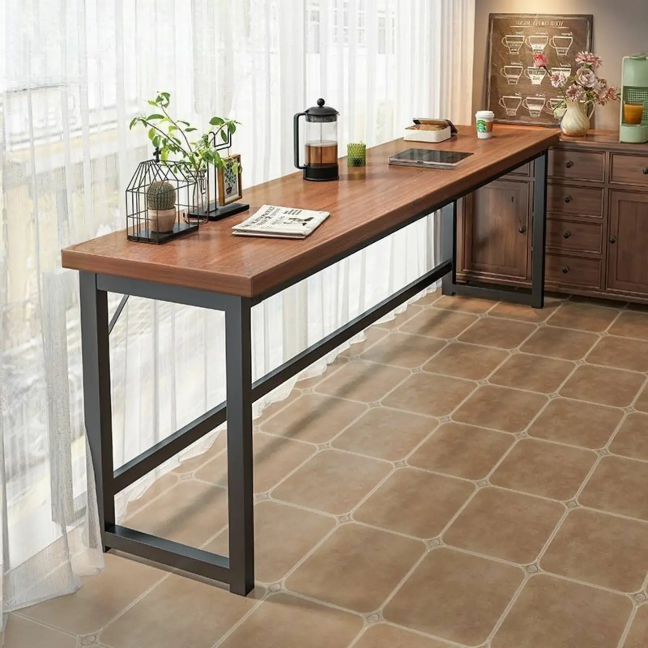 Modern Brown Wooden Metal Frame Fixed Top Bar Tables