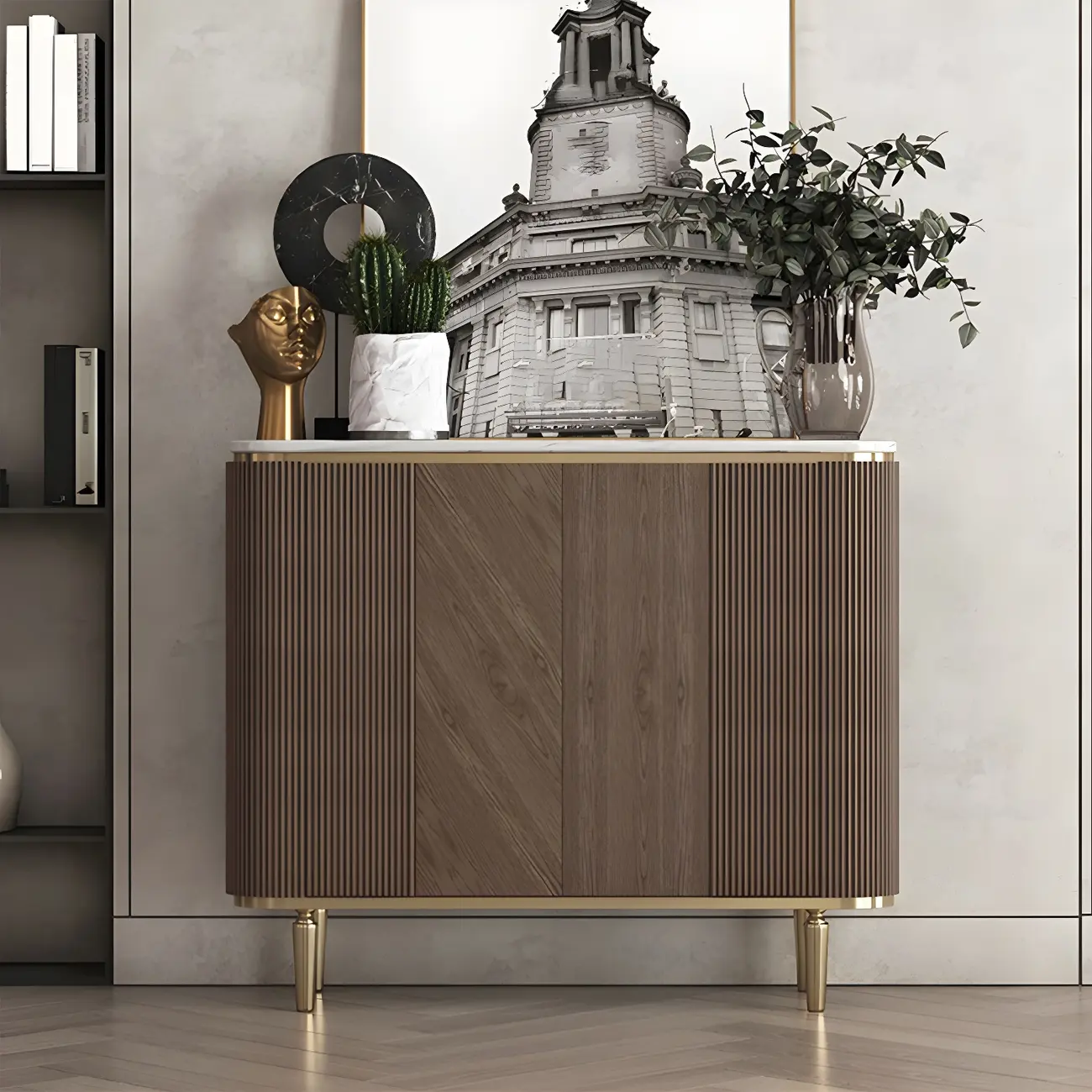 Glam Brown Wooden Sideboard with Marble Top