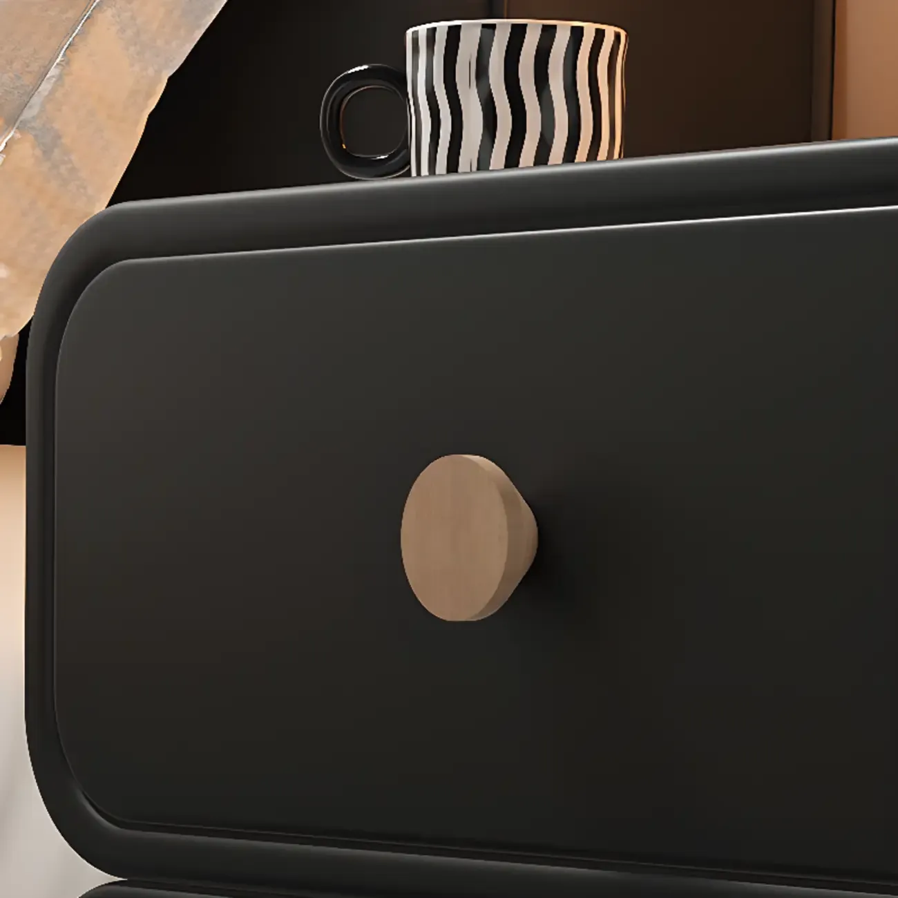 Solid Wood Leather-Top Black 2 Tiers Drawer Nightstand