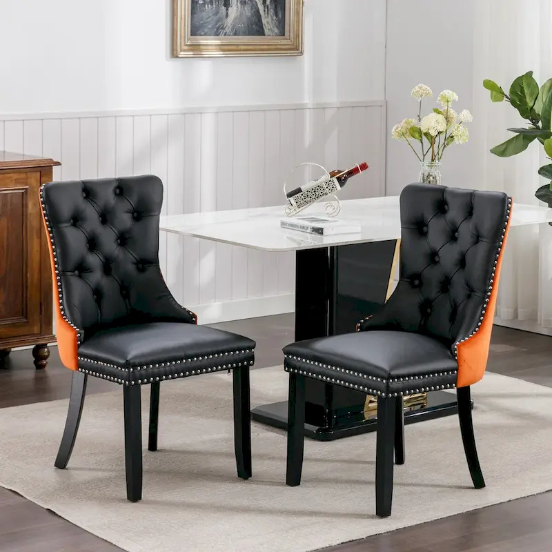 Set of 2 PU and Velvet Upholstered Dining Chairs with Nailhead Trim and Wooden Legs