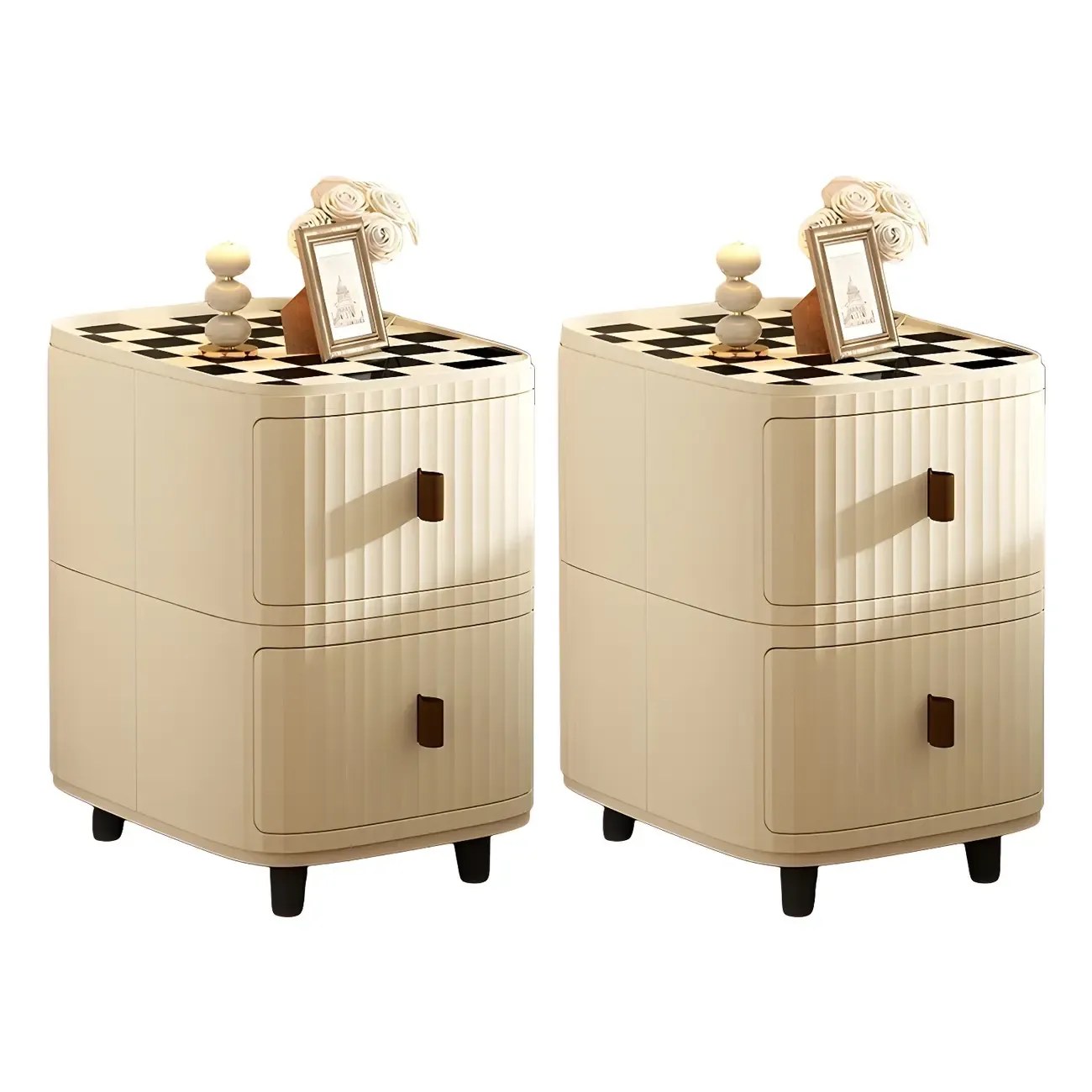 Modern Black And White Grid Top Nightstands with Drawers