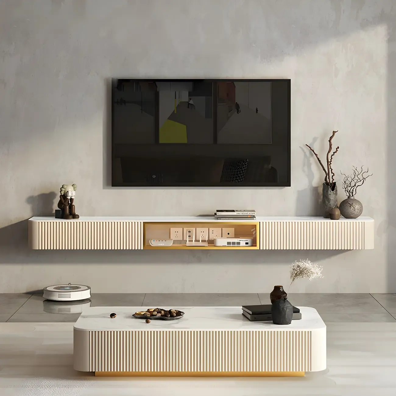71 Beige Stone Floating TV Stand with Cable Management
