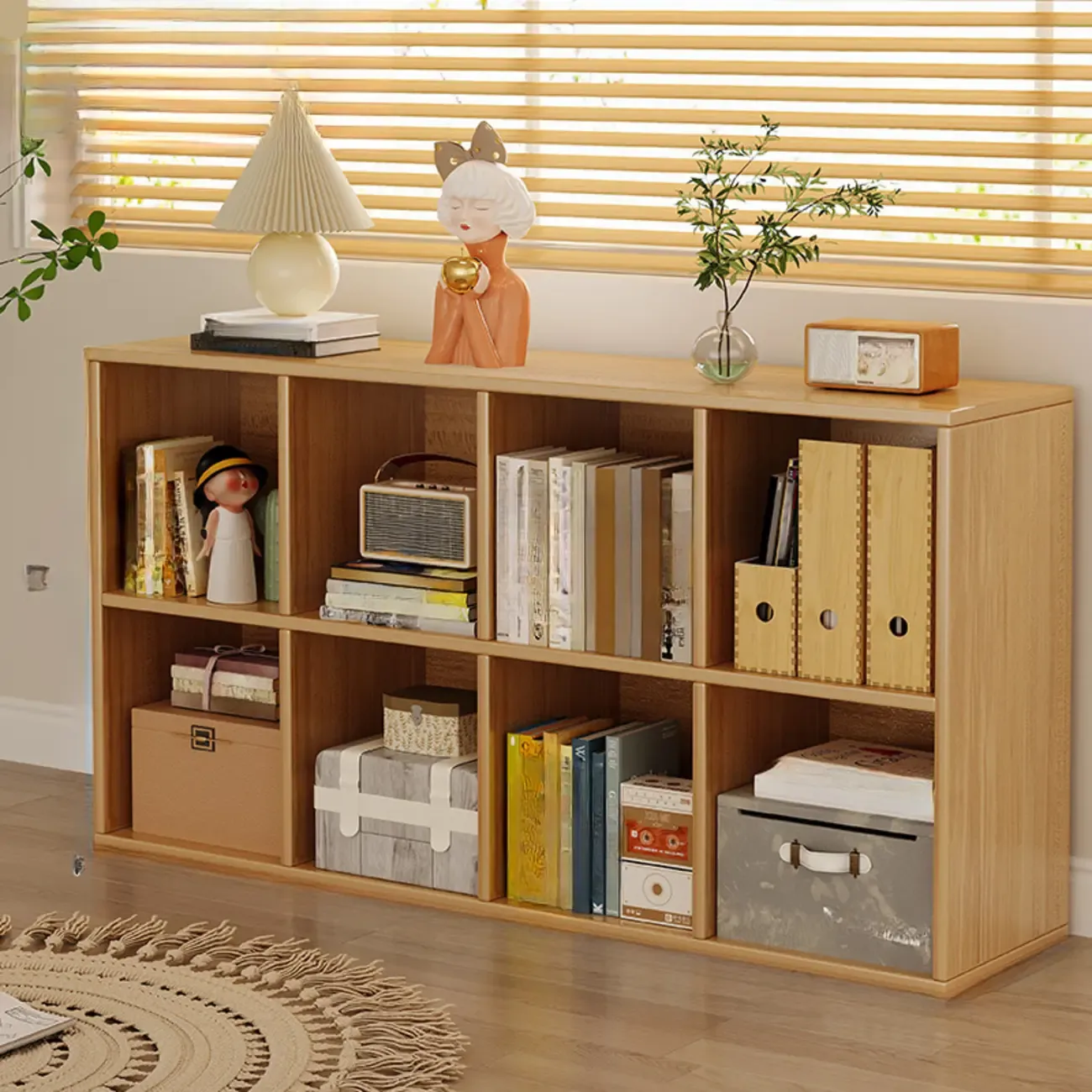Horizontal Natural Wooden Rectangle Multi-Cube Bookcase
