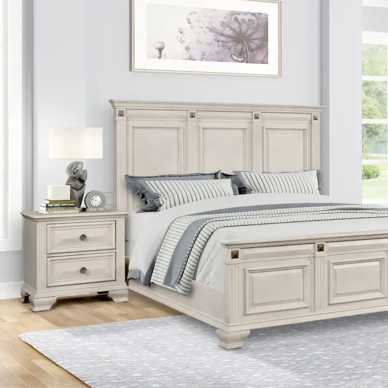Roundhill Furniture Renova 3-Piece Distressed Parchment Wood Bedroom Set, Panel Bed with 2 Nightstands