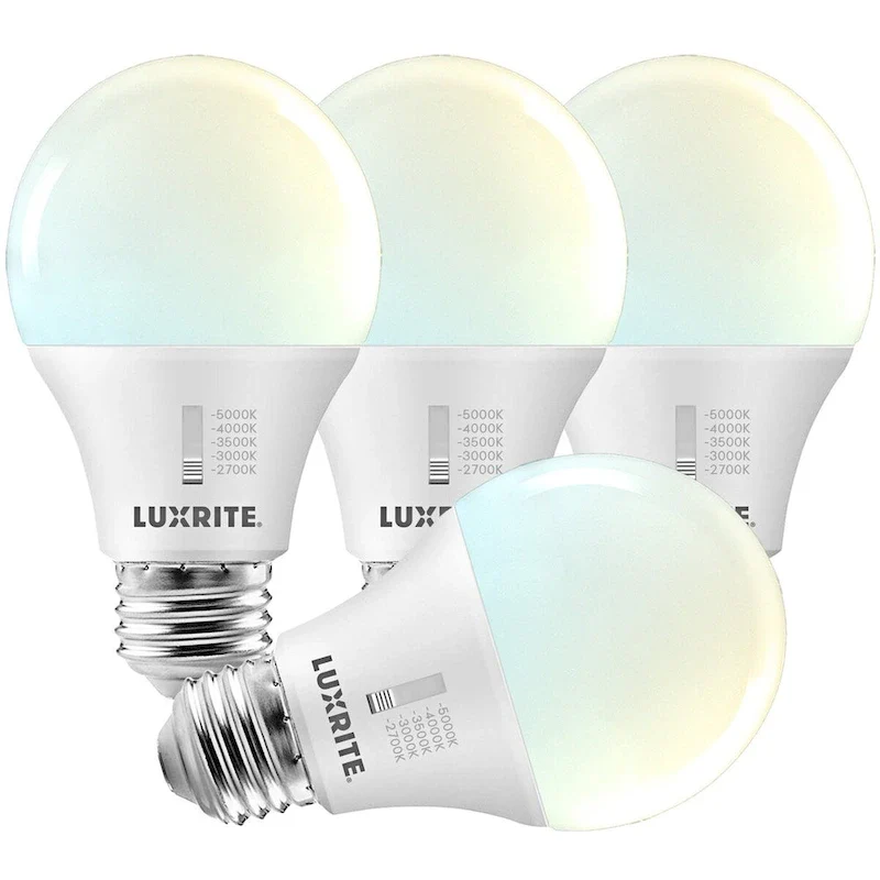 Luxrite A19 LED Light Bulb 60 Watt Equivalent CRI90 5CCT Dimmable 800LM 9W E26 Base ETL 4 Pack