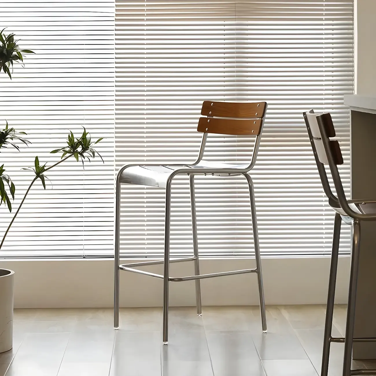 Modern Metal Frame Sleek Wood Back Stackable Bar Stool