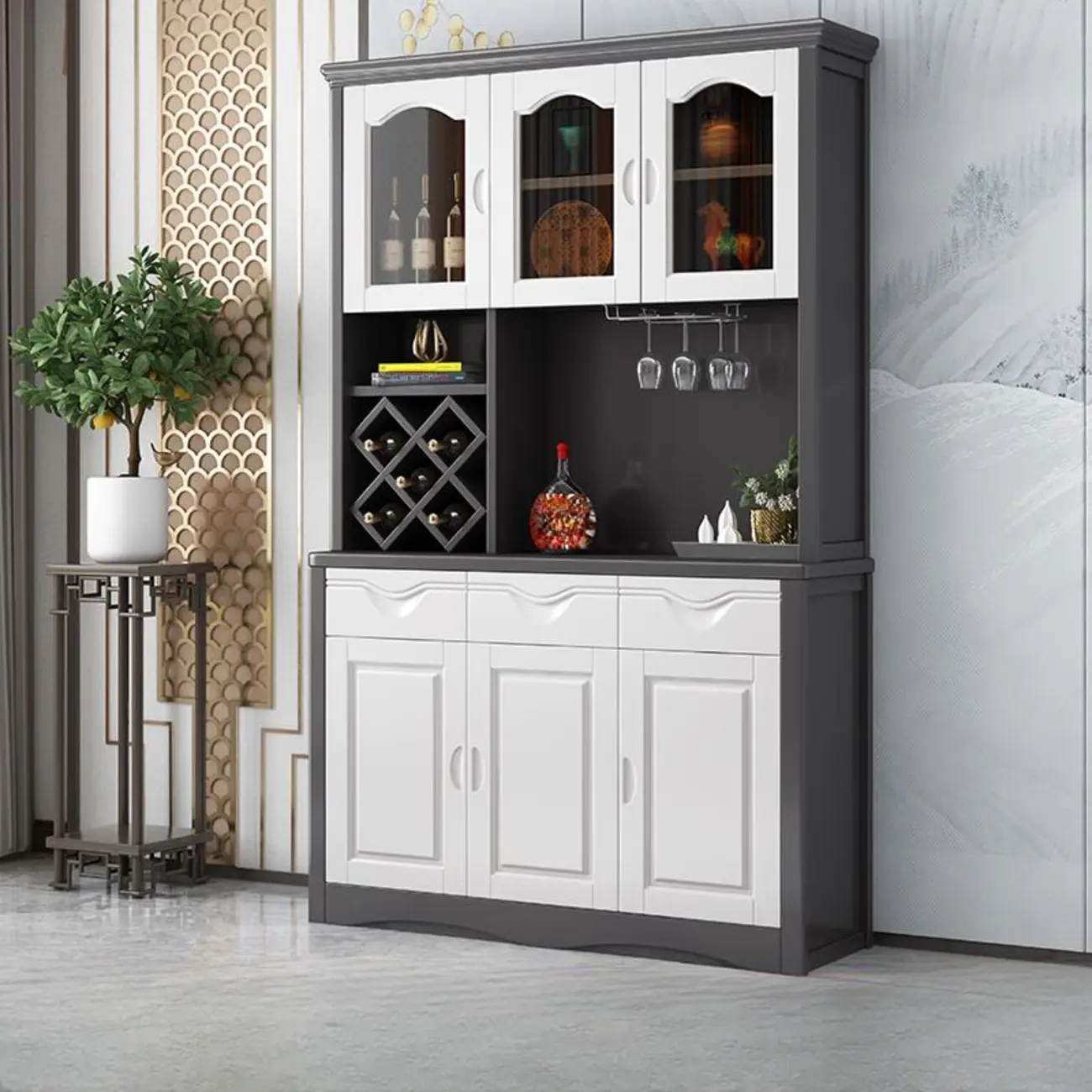 Kitchen Wooden White Cabinet Sideboard Built-in Wine Rack