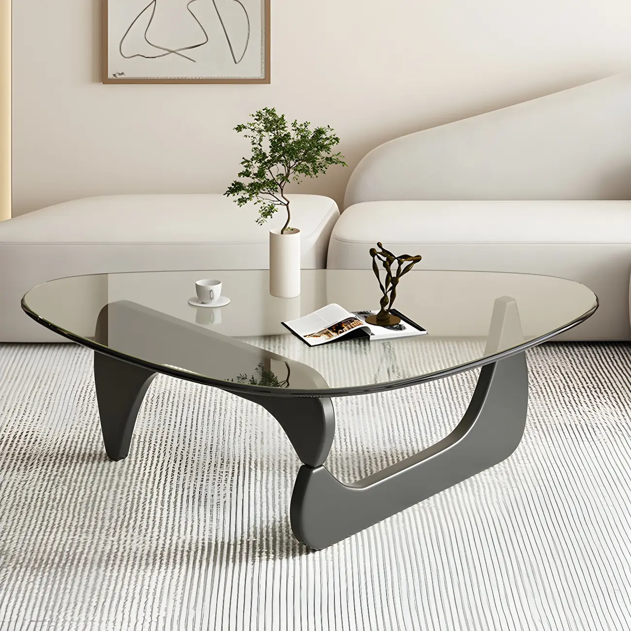 Modern Triangle Glass Coffee Table Wooden Base