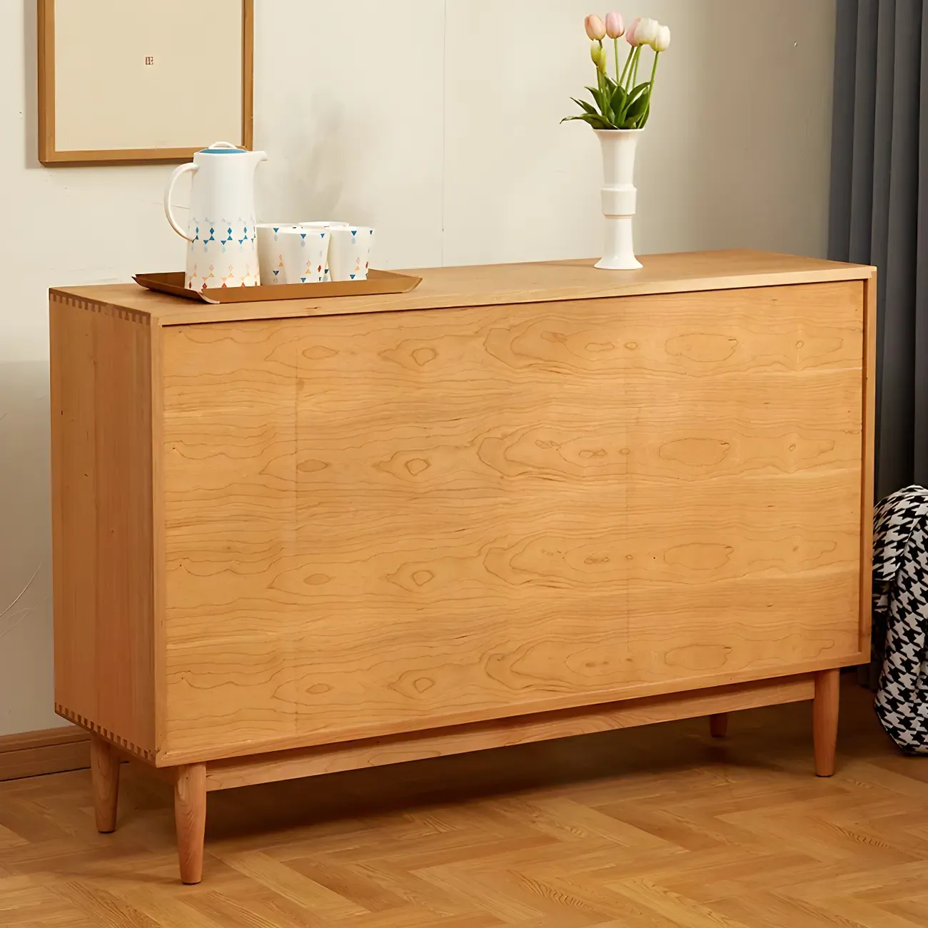 Scandinavian Yellow Wooden Sideboard with Cabinets