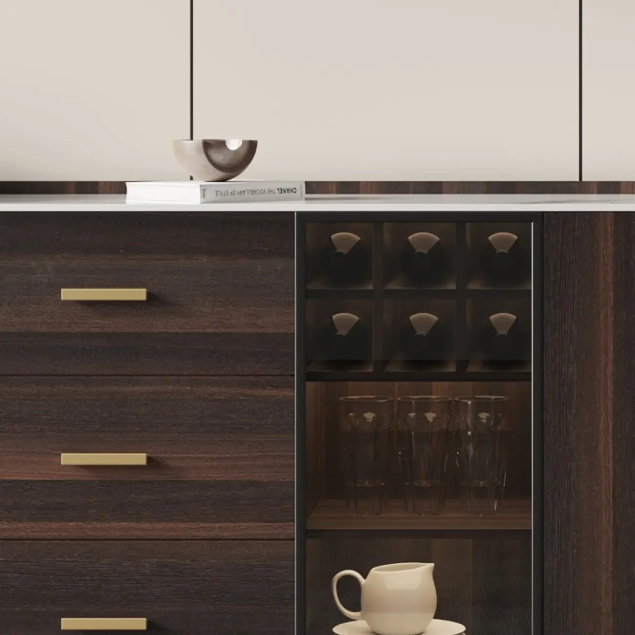 Glam Walnut Wooden Sideboard with Drawers & Cabinets