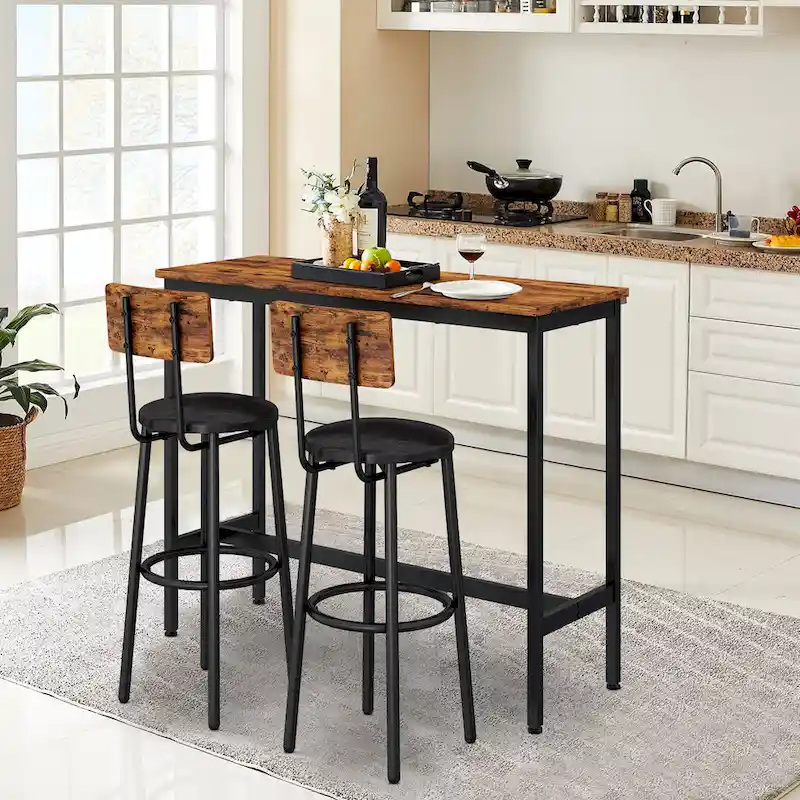3-Piece Bistro Set, Dining Table and Upholstered Stools w/ Backrest