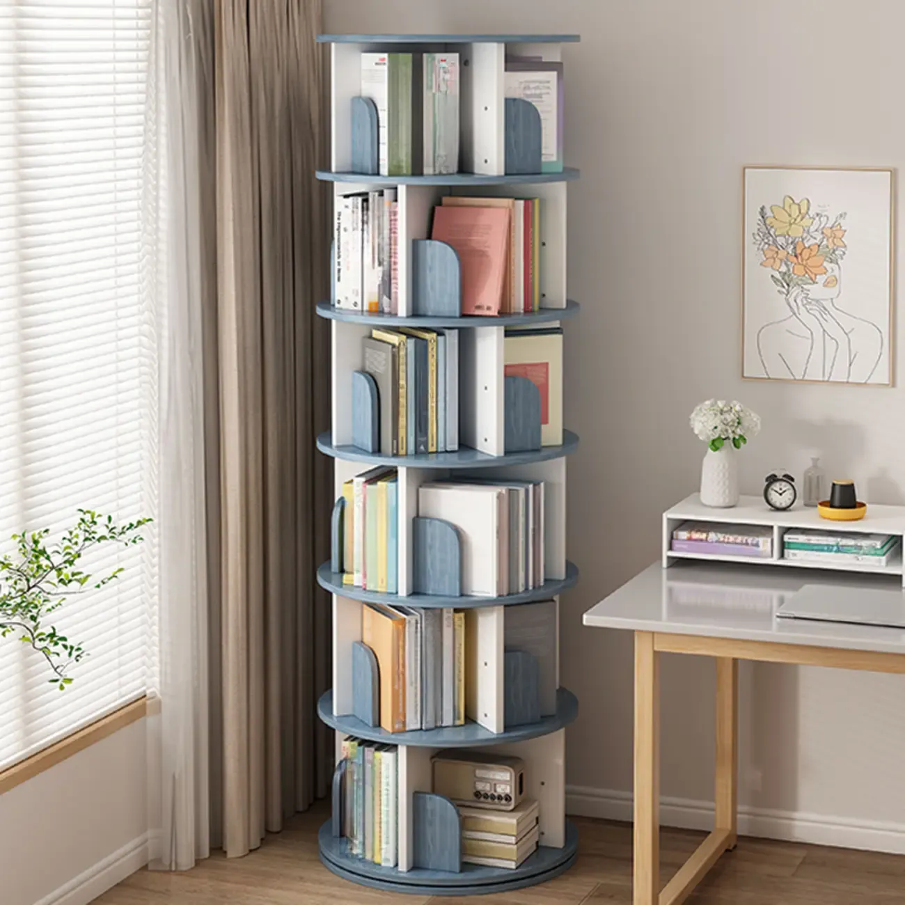Brown Cylindrical Wooden Rotating Open-Back Bookcase