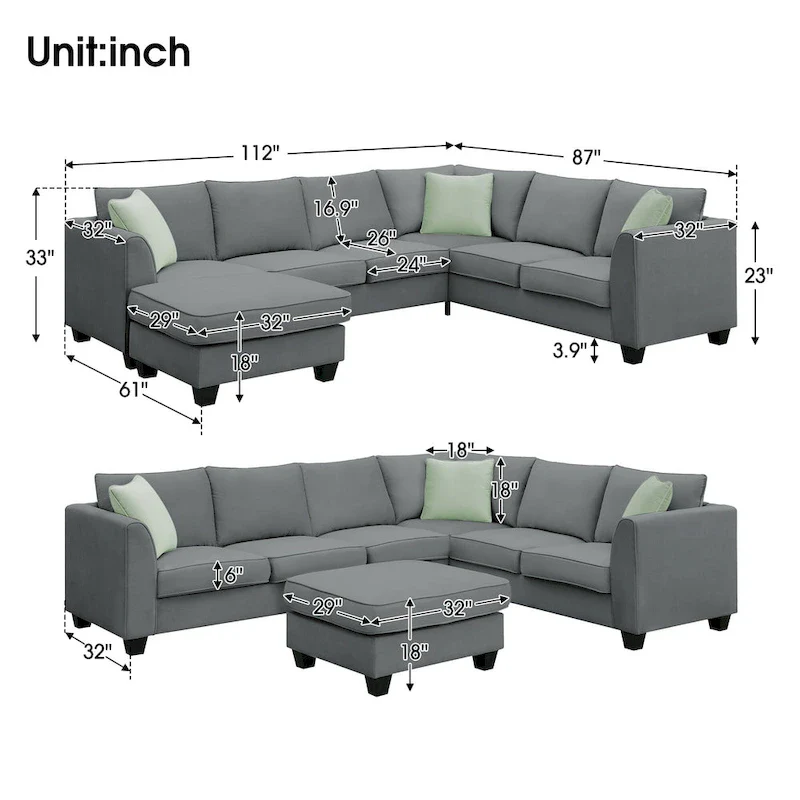 112*87 Sectional Sofa Couches Living Room Sets 7 Seats Modular Sectional Sofa with 3 Pillows, Grey