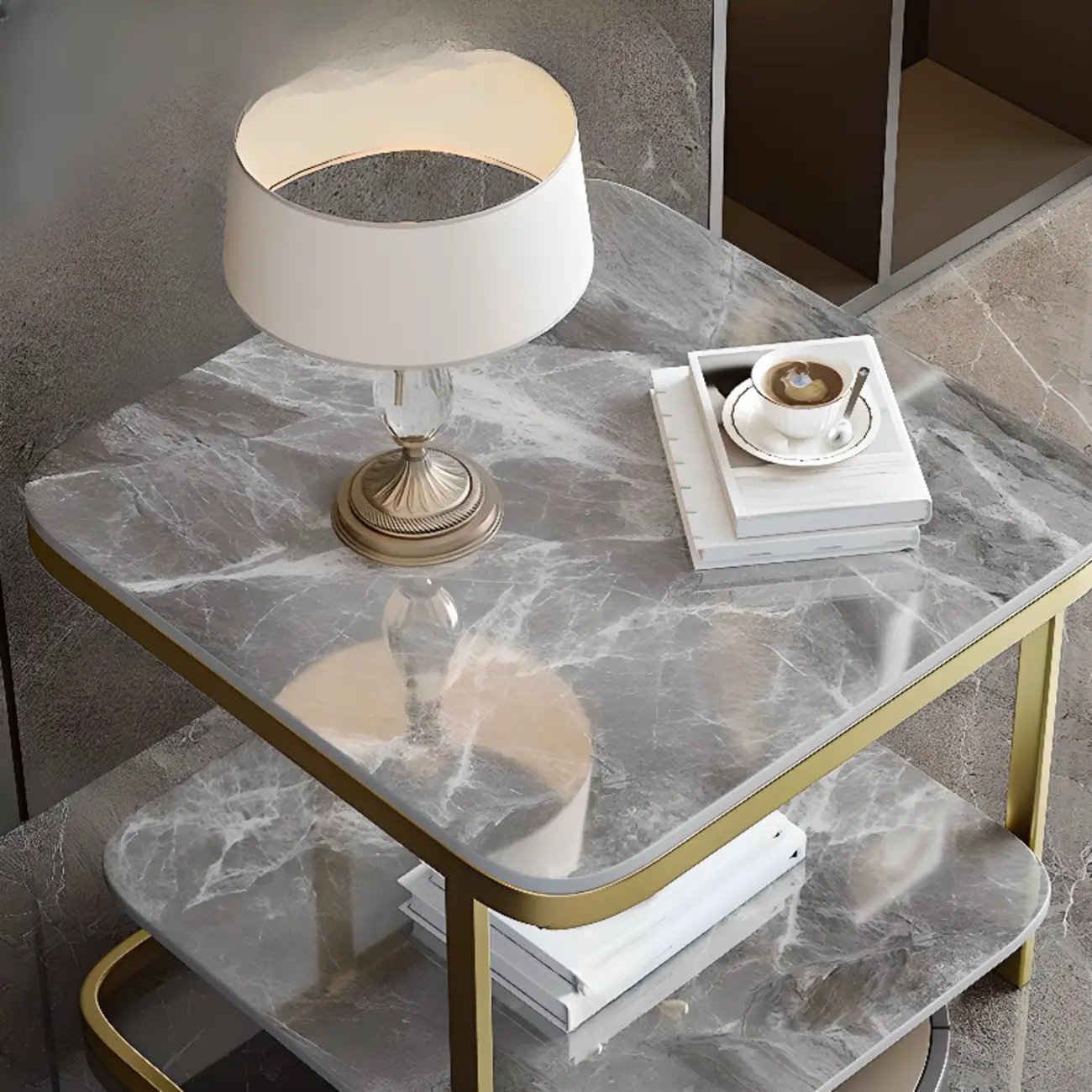 2-Tier C-Shaped Side Table with Shelf