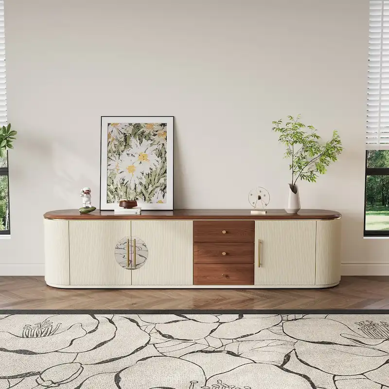 78.74 Mid-Century TV Stands, Brown Solid Wood Veneer, Media Console With 5 Cabinets,3 Drawers, Beige,Fully Assembled - 78.74