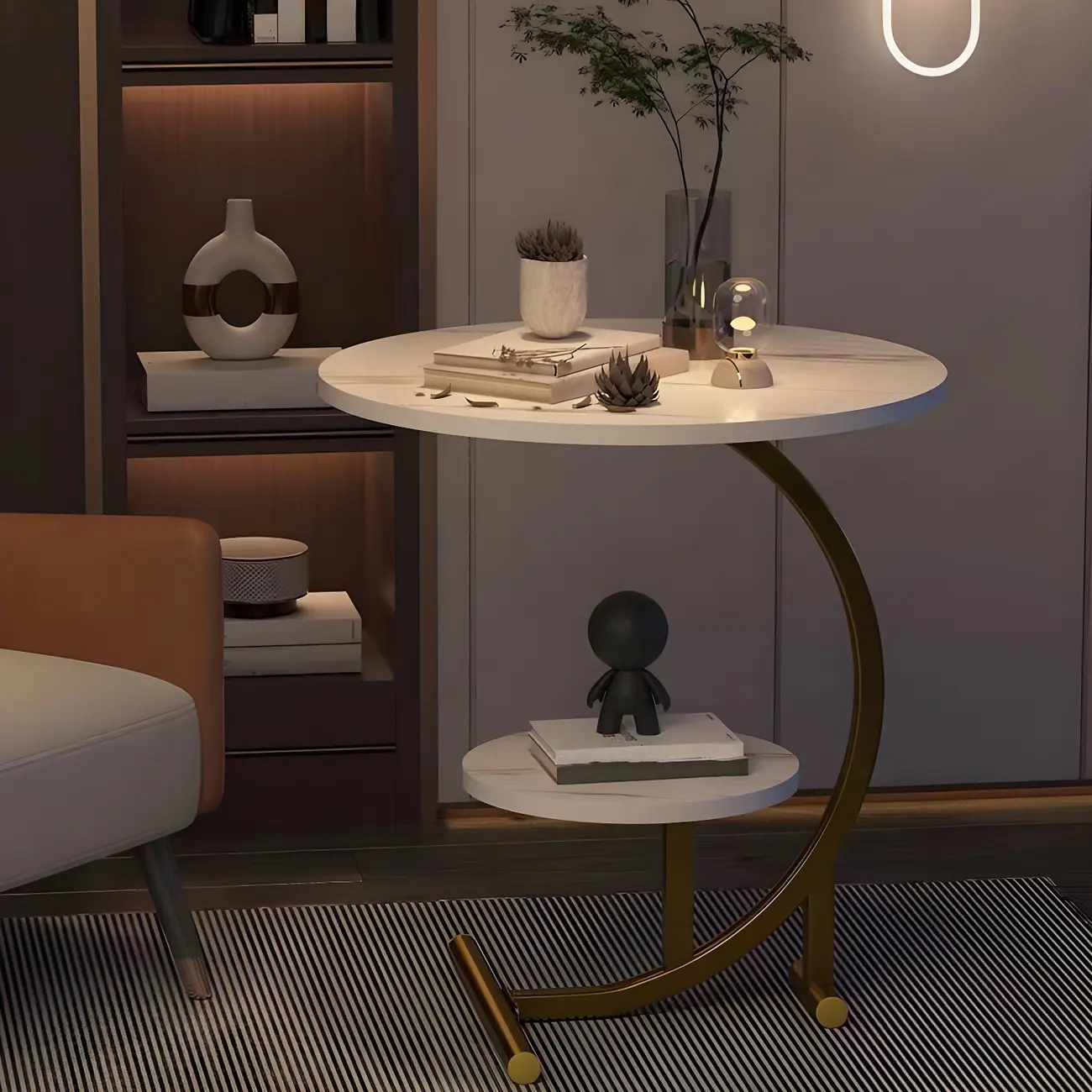 Modern Metal Frame Elegant Round Double Layer Nightstands