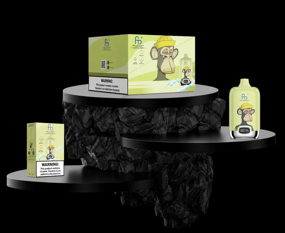 Fumot Digital Box 12000 Lemon & Lime Gerät und Verpackung auf schwarzem Display-Podest