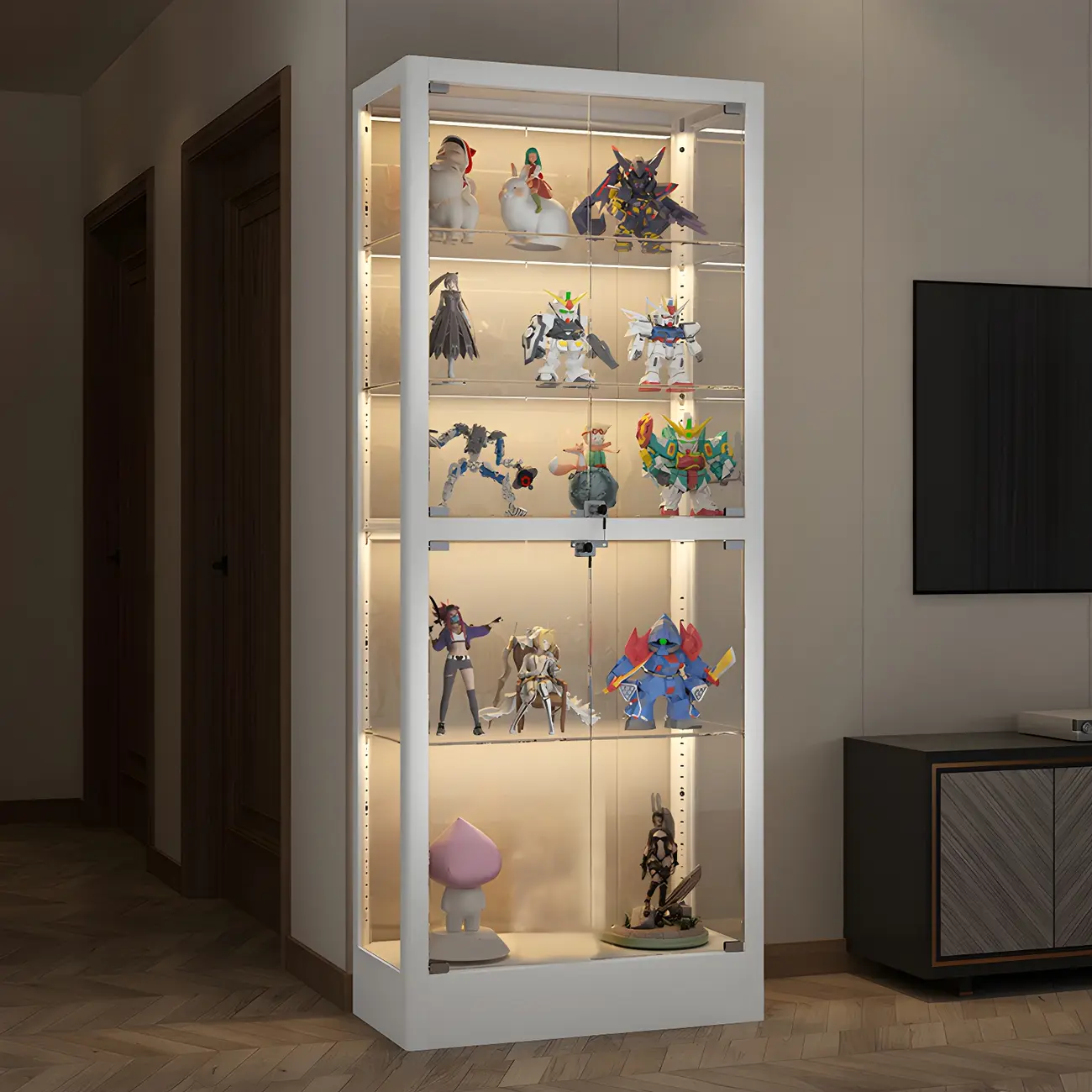 Adjustable Shelves White Glass Locking Curio Cabinet