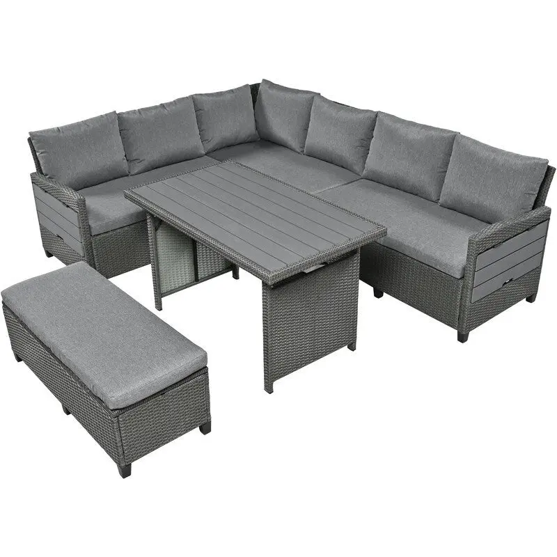 5-Piece L-Shaped Patio Rattan Sofa Set with 2 Extendable Side Tables