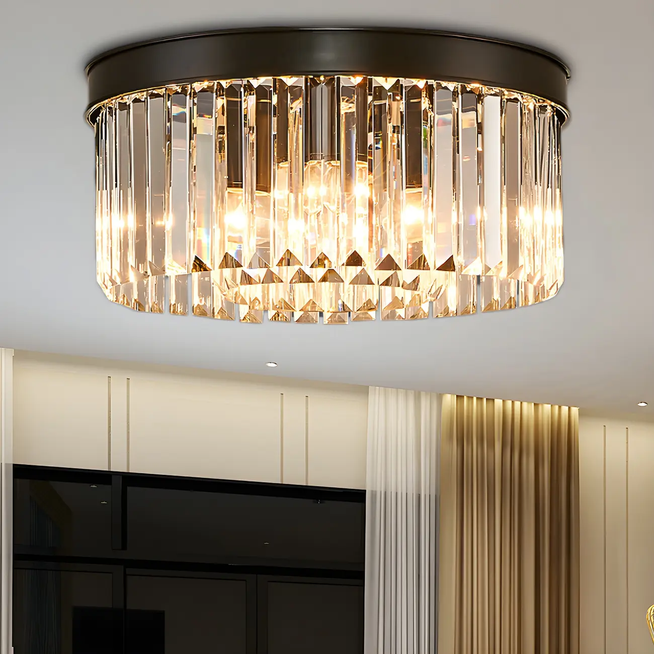 Modern Black Large Crystal Flush Mount Ceiling Light
