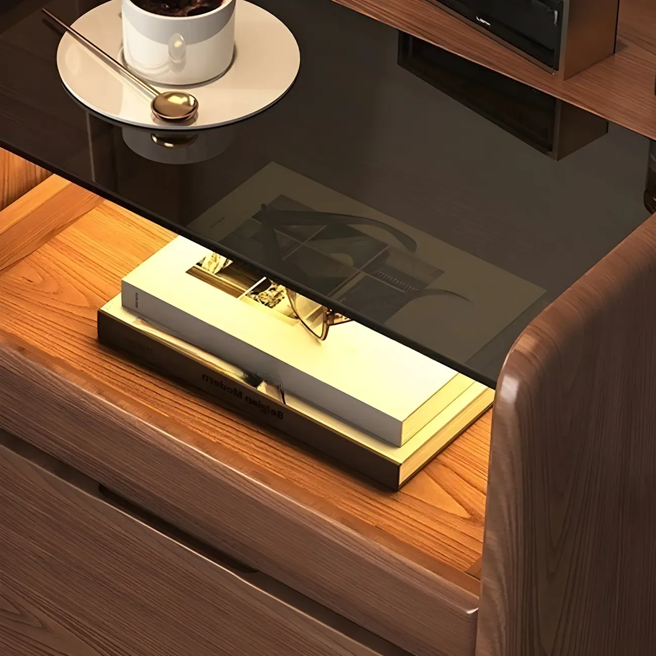 Nut-Brown Wood Glass Top Drawer Nightstand with Light