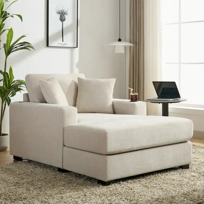 43.5 Chenille Fabric Chaise Lounger Sofa Couch with Pillows, Charge Station & Cup Holders