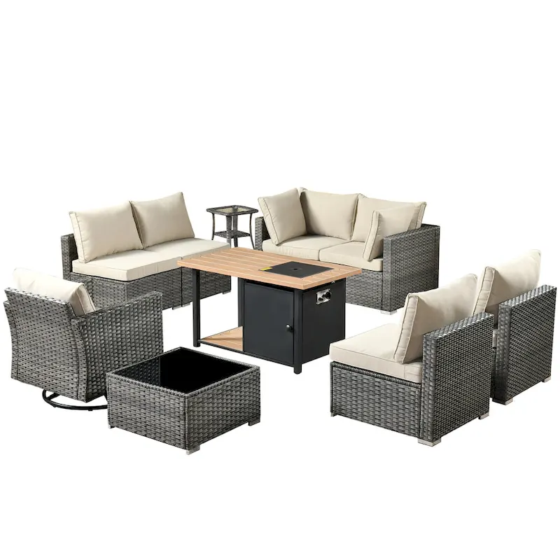 HOOOWOOO 10-piece Grey Rattan Patio Furniture Set with Fire Pit