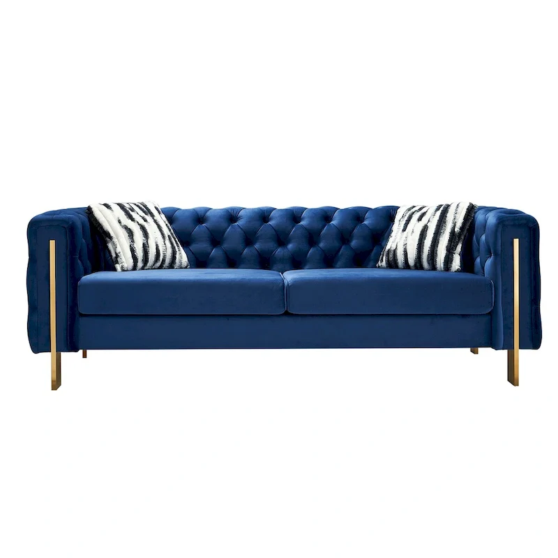 84.25 Luxurious Tufted Velvet Upholstered 3-Seater Sofa with Golden Metal Armrest Design and Buttoned Tufted Backrest