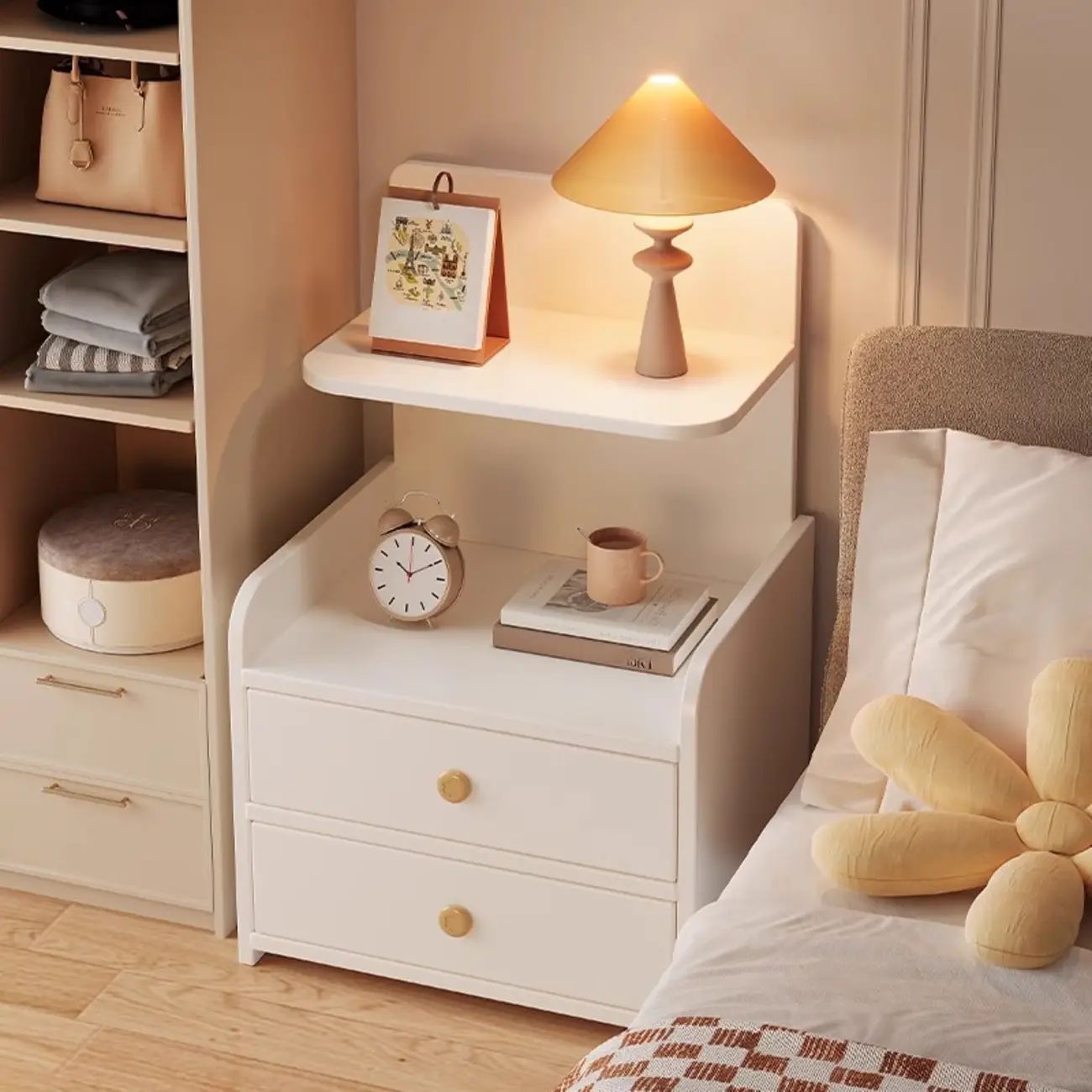 Modern Wooden Three-layer Bedside Table with Lamp Shelf