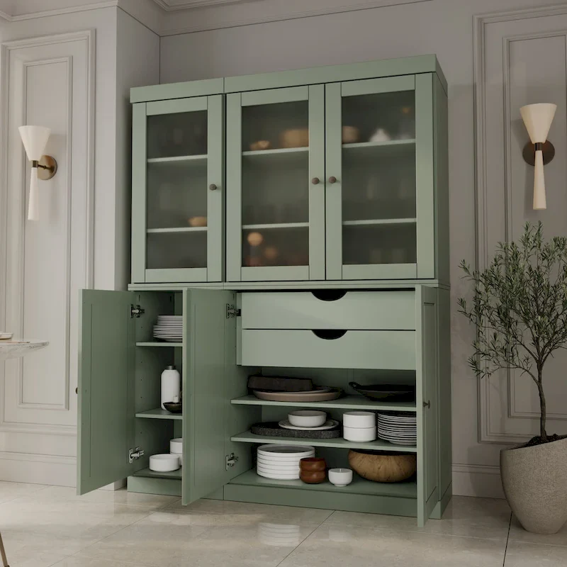 Palace Imports 100% Solid Wood 48.5   Pantry China Cabinet with Frosted Glass, Solid Wood Doors and 2-Drawers