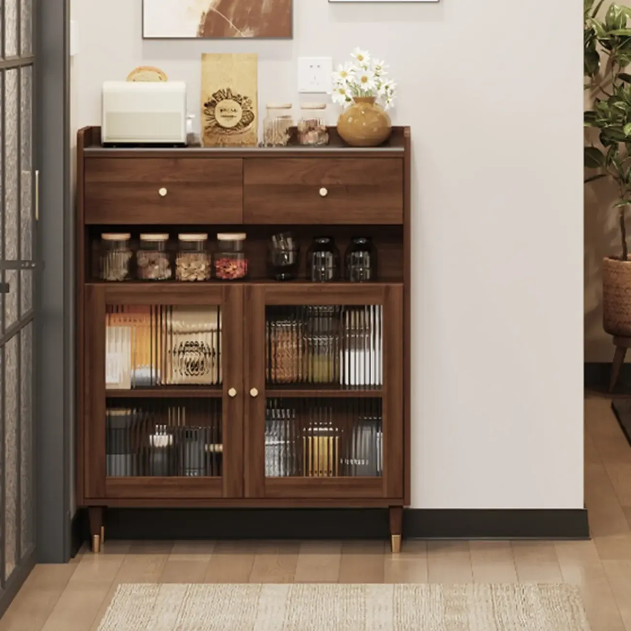 Modern Wood Buffet with Glass Doors and Shelves
