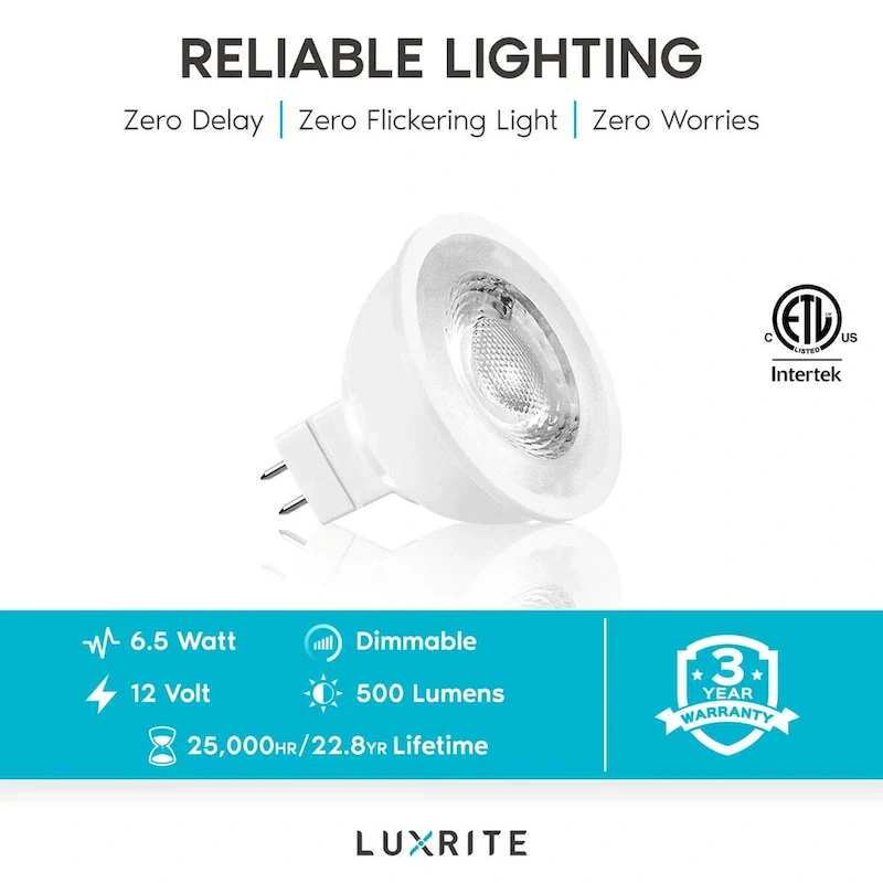 Luxrite MR16 LED Bulb 50W Equivalent, 12V, Dimmable, 500 Lumens, GU5.3 LED Bulb 6.5W, Enclosed Fixture Rated (12 Pack)