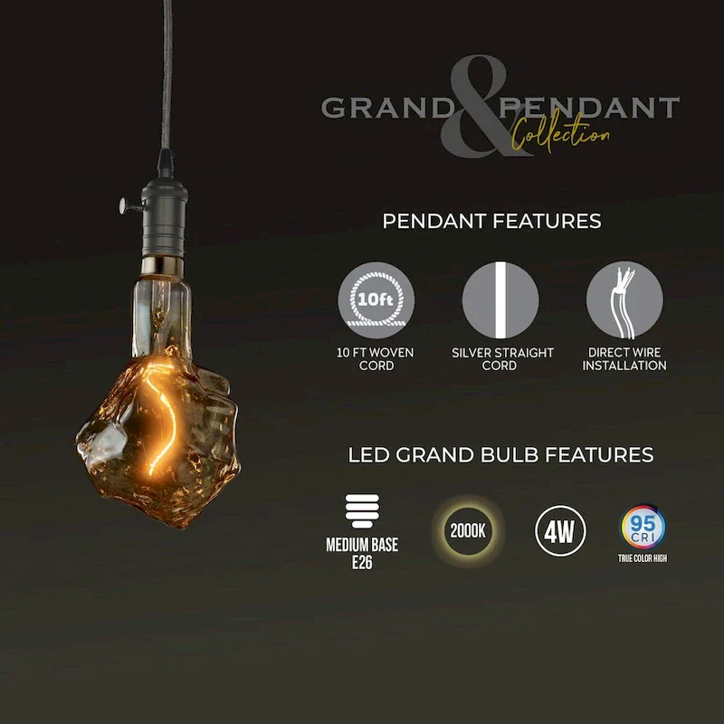 Bulbrite LED Grand Bulb and Pendant Kit of (1) 4 Watt Antique Glass 13  Glacier Shaped Bulb