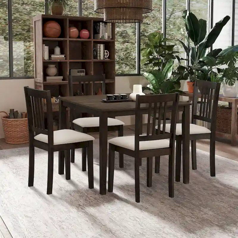 Kitchen Breakfast Nook Dining Table Chairs Set Square Wooden Dining Table Casual Dining Table with 4 Upholstered Dining Chairs