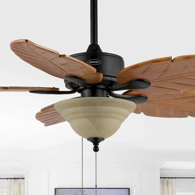 Owen 52  3-Light Coastal Bohemian Iron/Wood Palm Leaf LED Ceiling Fan with Pull Chain, by JONATHAN Y