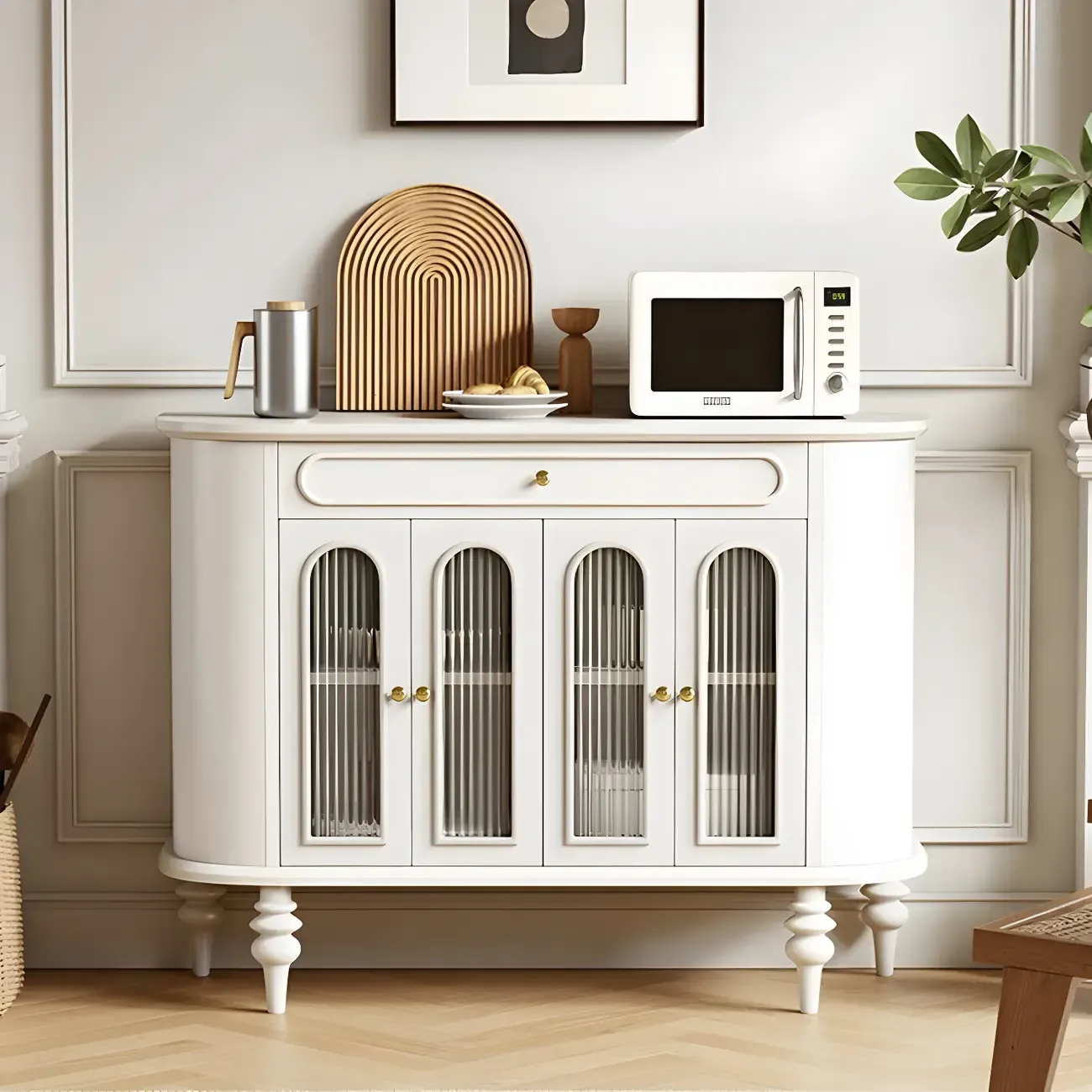 French Country Wooden Buffet Table with Cabinets