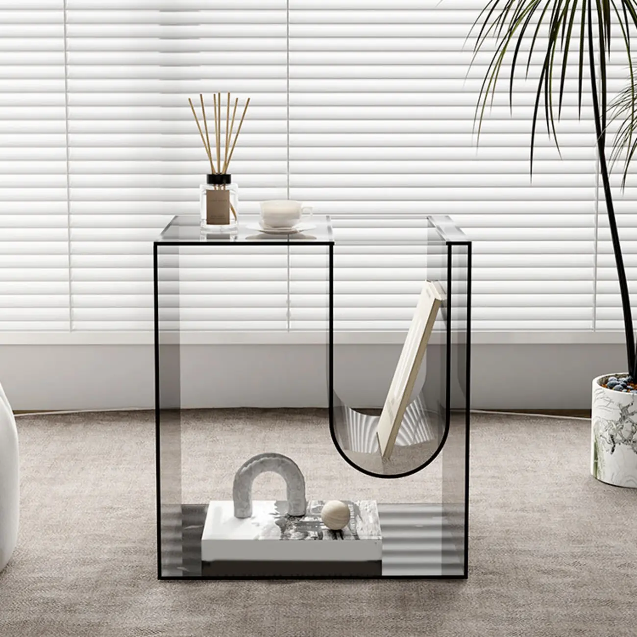 Stylish Gray Acrylic Side Table with Magazine Rack