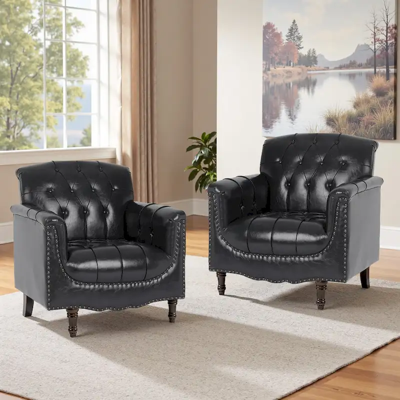 Tufted Vegan Leather Accent Chairs Set of 2, Armchair with Nailhead Trim