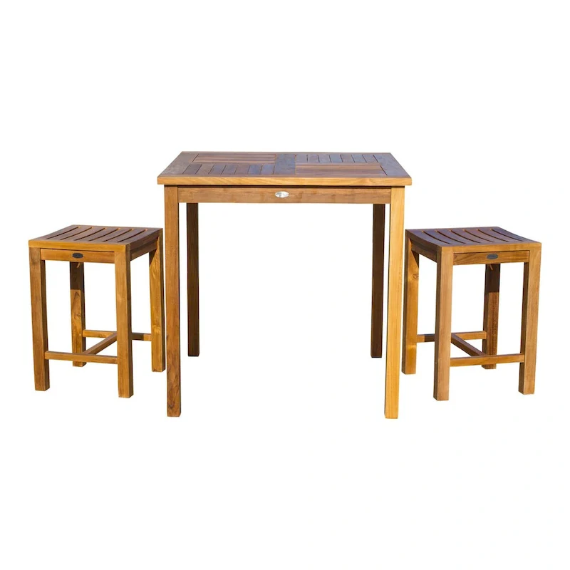 Chic Teak 3 Piece Teak Wood Seville Medium Counter Height Patio Bistro Dining Set, 2 Counters Stools and 35 Square Table