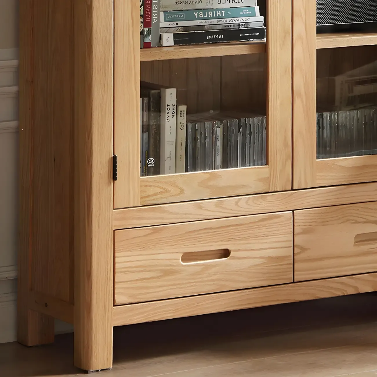 2-Drawer Natural Wood Display Cabinet Adjustable Shelves