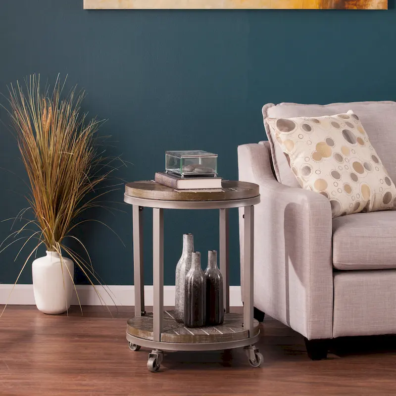 SEI Furniture Kenya Industrial Brown Wood Round Side Table with Shelf