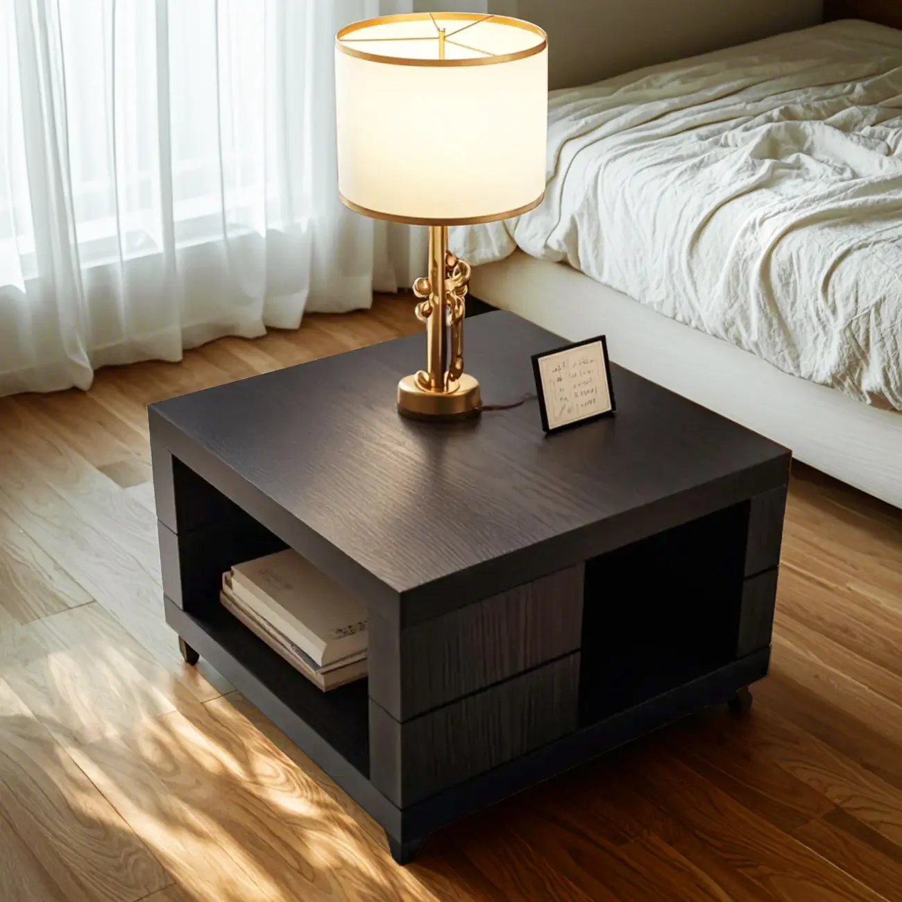 Modern Walnut Wood End Table with Storage for Living Room