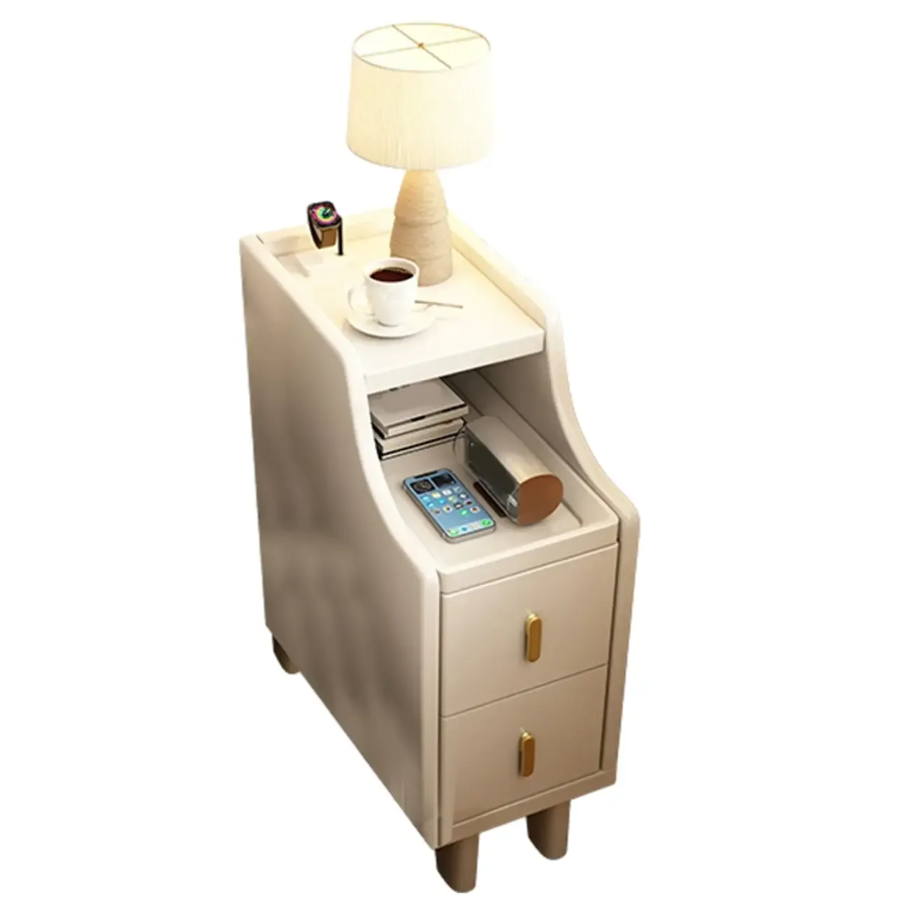 Narrow Small Walnut Wood Nightstand with Shelves